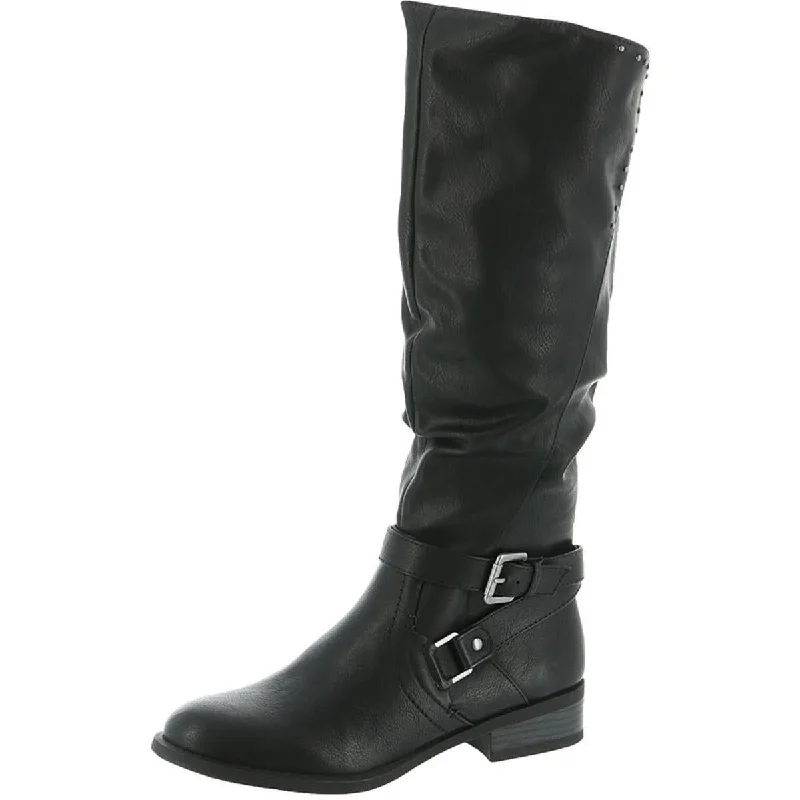 Liona Womens Block Heel Studded Knee-High Boots Checkered Shoe Pattern Look  