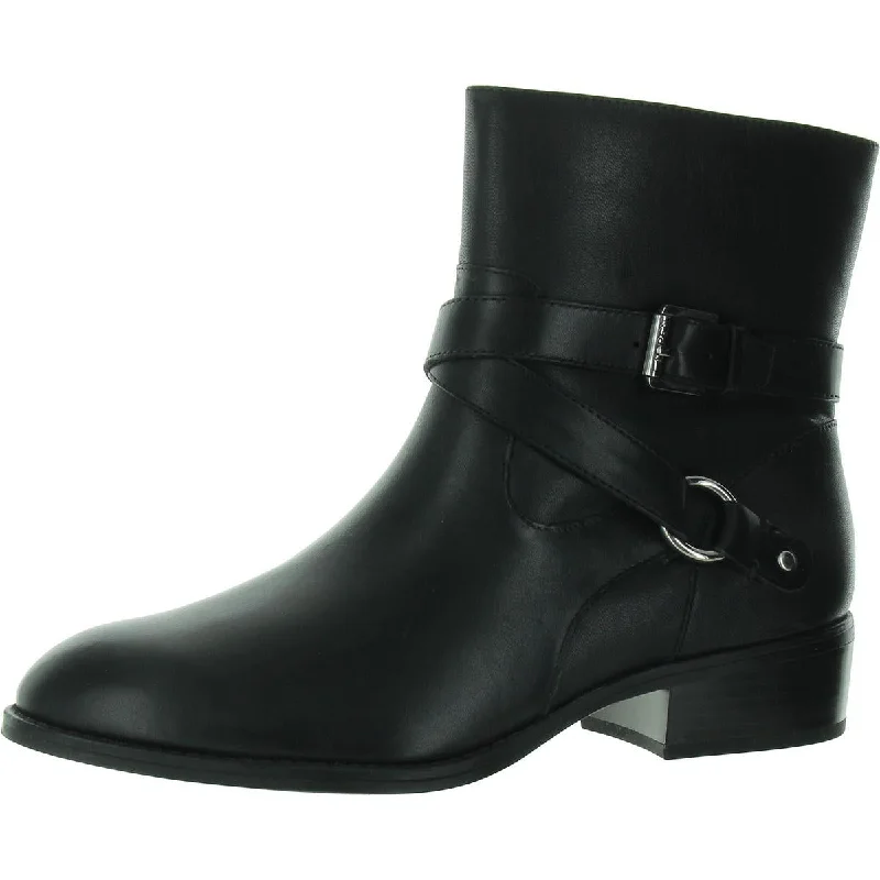 Makalia Womens Leather Belted Motorcycle Boots Moccasin Soft - Sole Style  