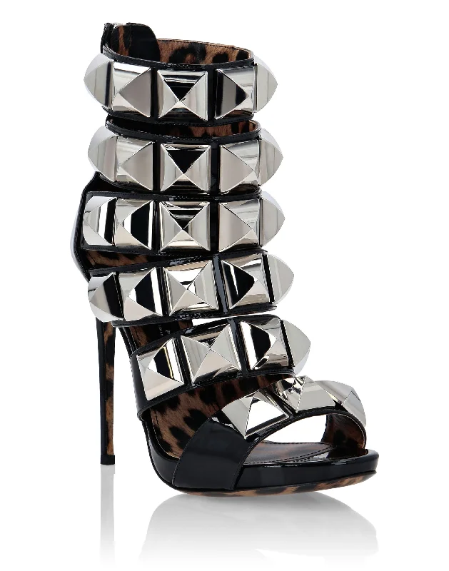 Patent Leather Sandals High Heels Studs Rubber - Sole Plimsoll Look  