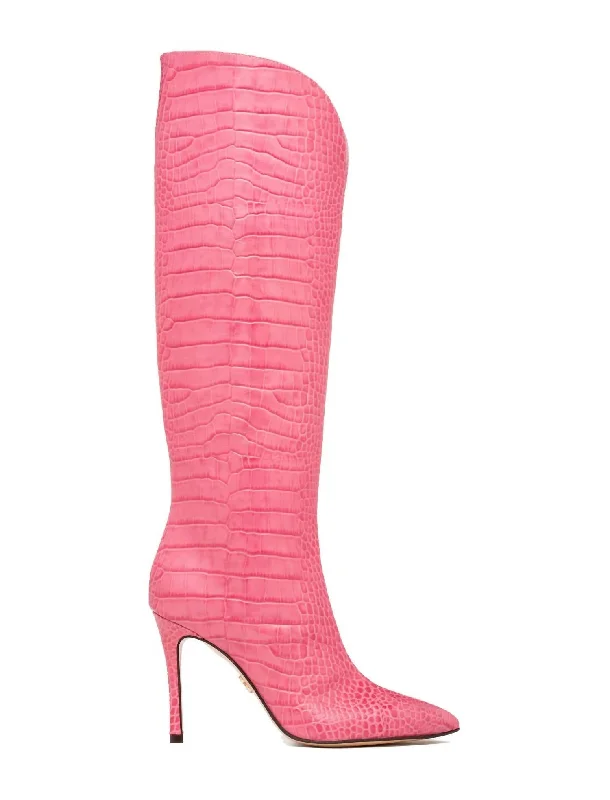 Peyton Knee High Pointed Toe Boot In Pink Crocodile Suede Desert Boot 