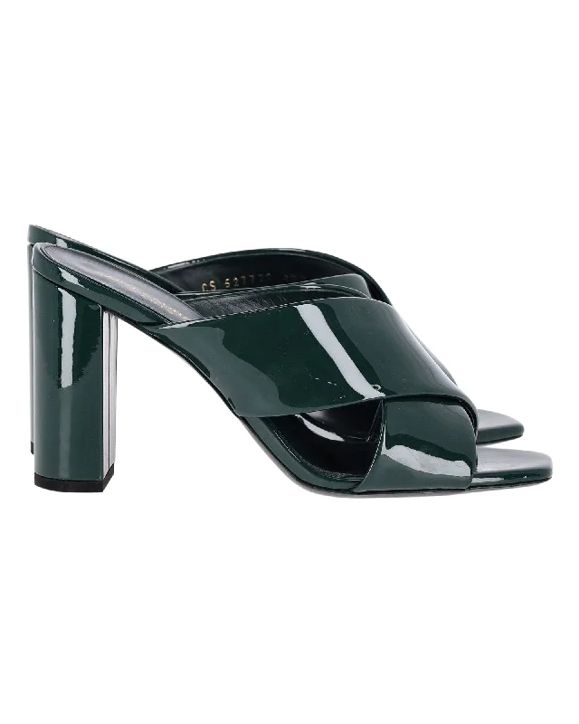 Saint Laurent LouLou Mule Sandals in Green Patent Leather Paisley Print Shoe Design Saint Laurent LouLou Mule Sandals in Green Patent Leather Paisley Print Shoe Design