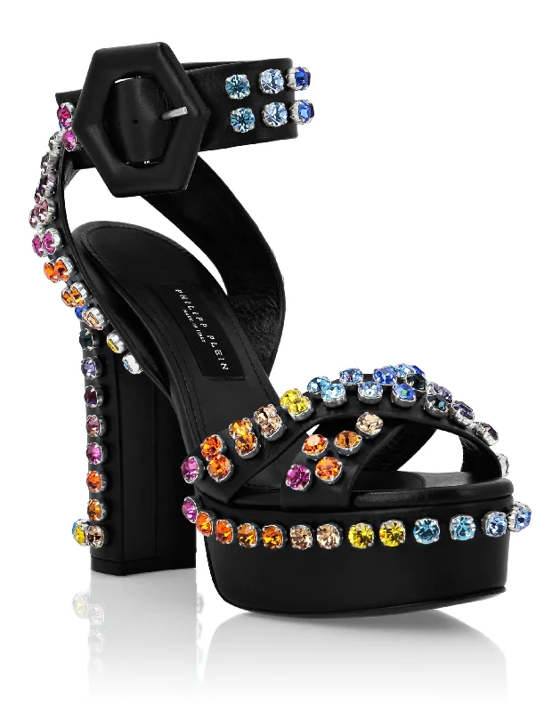 Sandals High Heels Multicolor with Crystals Metallic Trim Shoe Design  