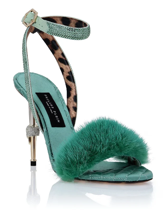 Skull Heel Crystal Embellished Fur Sandals Glow - in - the - Dark Shoe Design  
