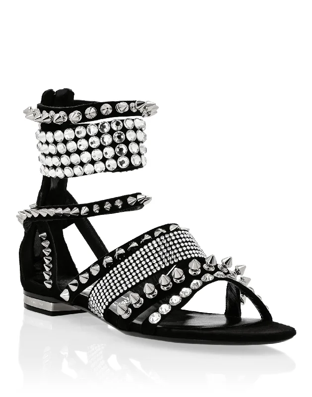 Suede Sandals Flat Studs Edwardian Shoe Look  