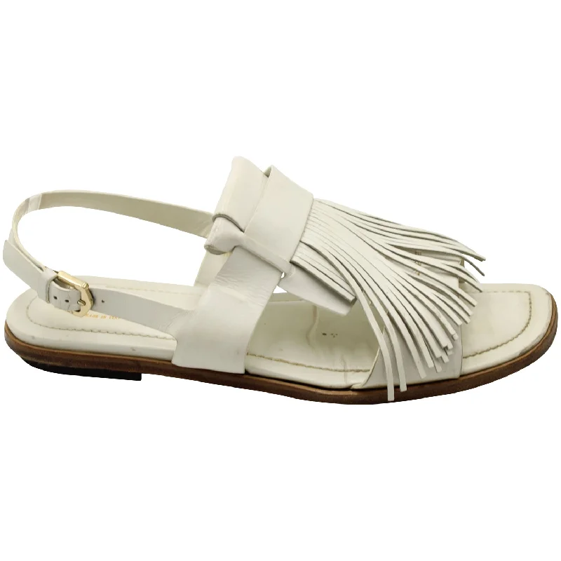 Tod's Fringed Slingback Flat Sandals in White Leather Bespoke Shoe Aesthetic 