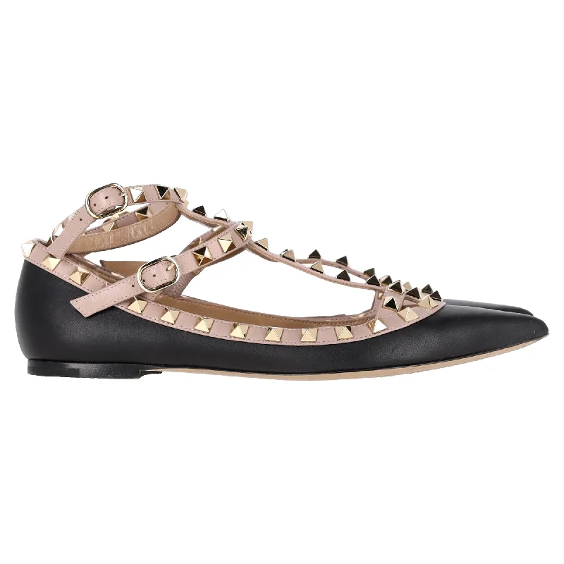 Valentino Garavani Rockstud Caged Ballet Flats in Black Calfskin Leather Business Monk Strap Style Valentino Garavani Rockstud Caged Ballet Flats in Black Calfskin Leather Business Monk Strap Style