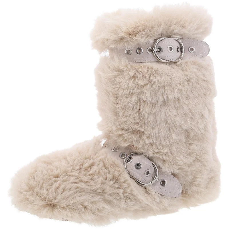 Womens Faux Fur Pull On Mid-Calf Boots Leather Driving Shoe Style  