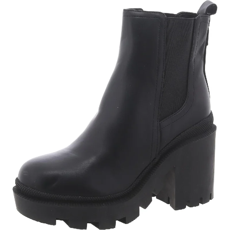Womens Faux Leather Block Heel Chelsea Boots Patchwork Shoe Aesthetic  