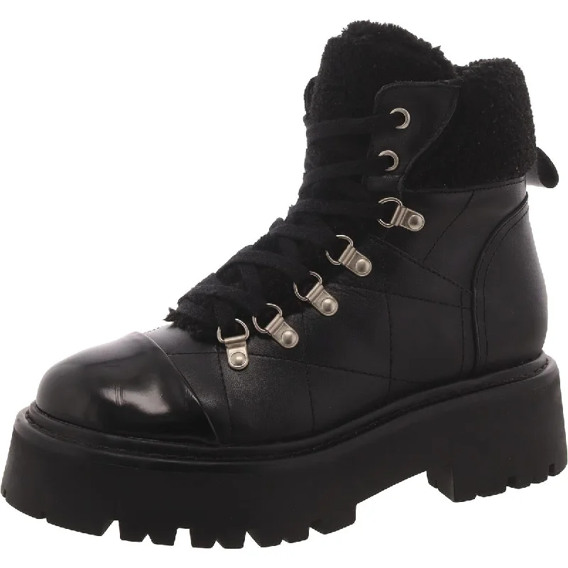 Womens Faux Leather Block Heel Combat & Lace-Up Boots Quilted Shoe Design  