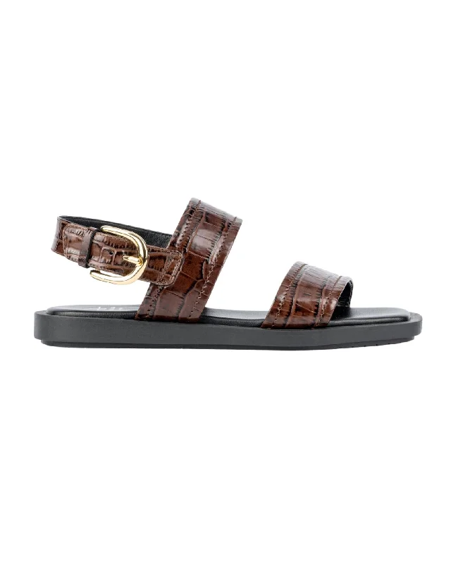 Women's Joni Luxe Croco Flat Sandal In Brown Croc Strap - Up Sandal Resort Style  