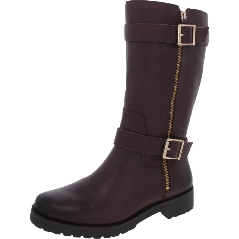 Womens Leather Moto Mid-Calf Boots Rubber - Sole Plimsoll Look  