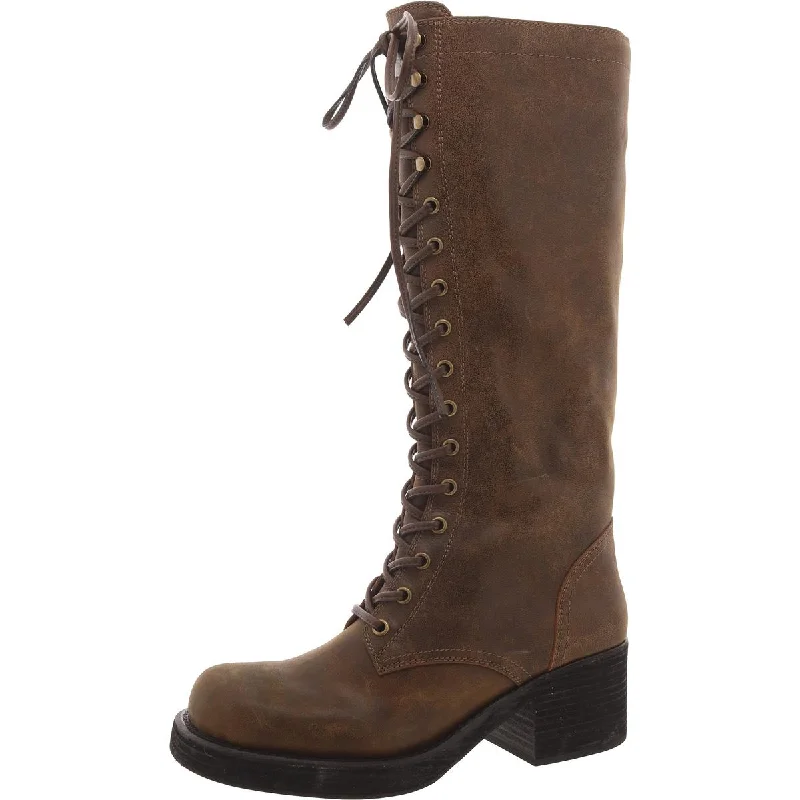 Womens Leather Square Toe Knee-High Boots Wingtip Oxford Design 