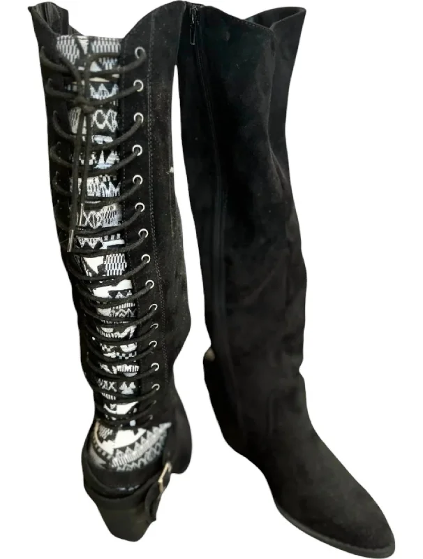 Women's Romero High Boots In Black Embroidered Cowboy Boot Design  