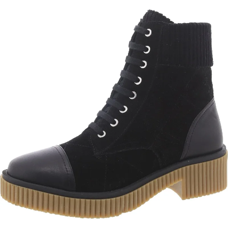 Womens Suede Block Heel Combat & Lace-Up Boots Embroidered Cowboy Boot Design  