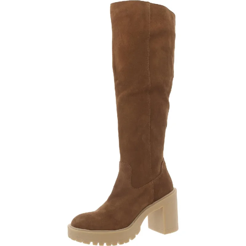 Womens Suede Block Heel Knee-High Boots Ankle - High Military Boot Style  