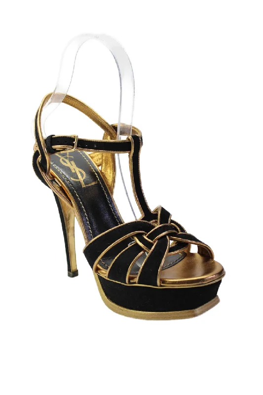 Yves Saint Laurent Womens Black Gold Trim Platform Strappy Sandals Shoes British Gentleman Oxford Style Yves Saint Laurent Womens Black Gold Trim Platform Strappy Sandals Shoes British Gentleman Oxford Style